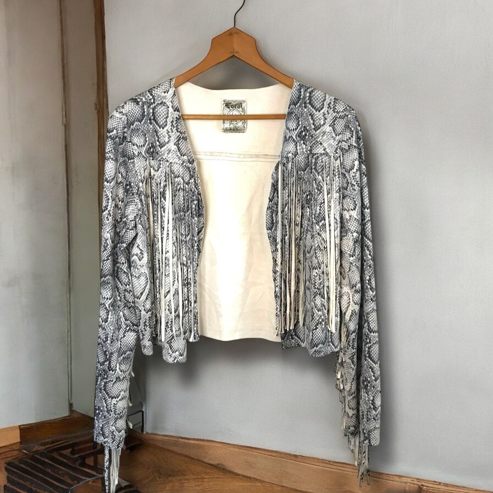 Vocal Women's Small Western Cropped Fringe Jacket Faux Suede Snakeskin Design